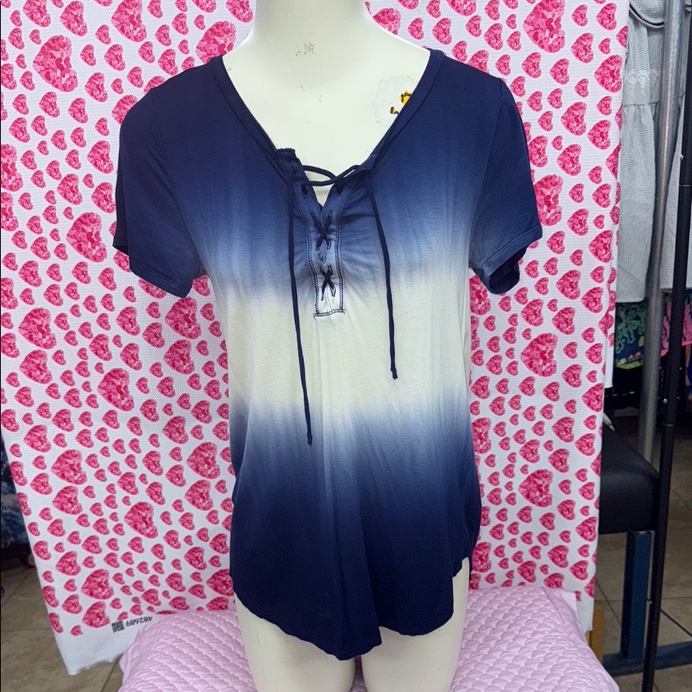 Hollister Navy and White Ombre Lace-Up Top